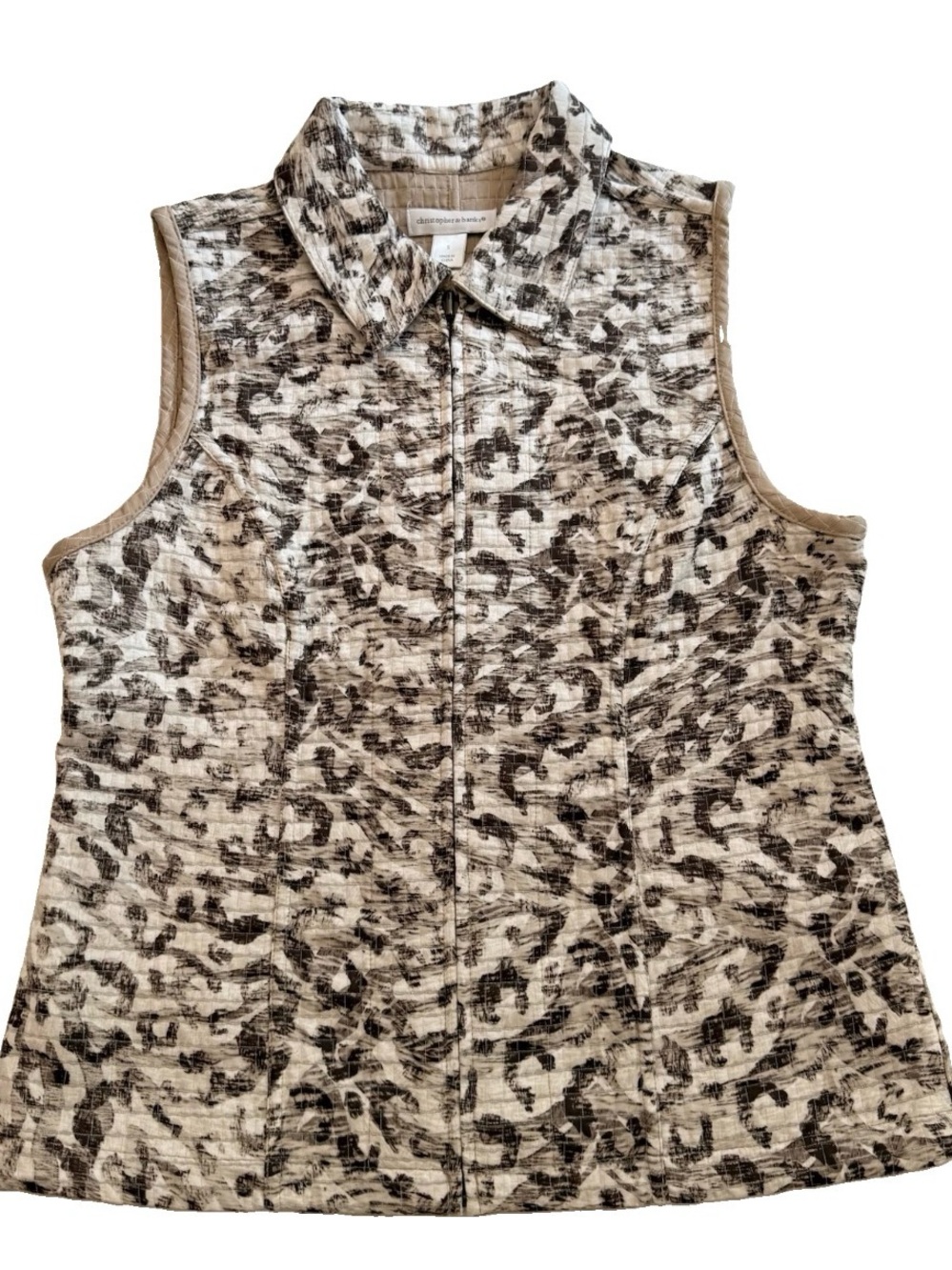Christopher & Banks Womens S Quilted Vest Brown Cream Abstract Full Zip New